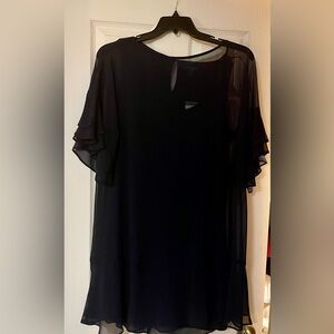 Navy  Sheer Flutter Sleeve Dress